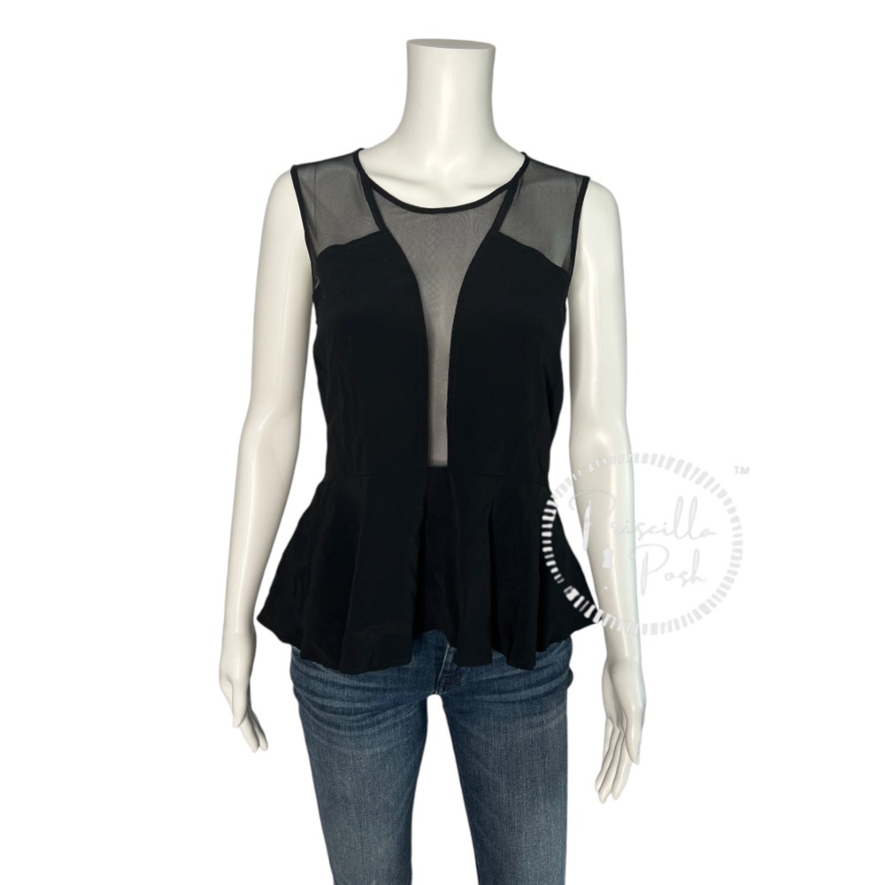 Sandro Capsule Soir Peplum Blouse Mesh Deep V Sheer Back Black